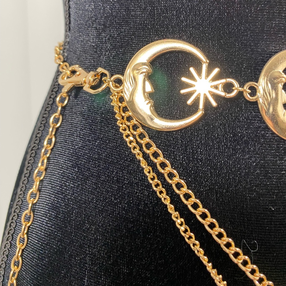 Celestial Crescent Moon Multi Layer Chain Statement Belt Metal Waist Belt Gold - Picture 3 of 11